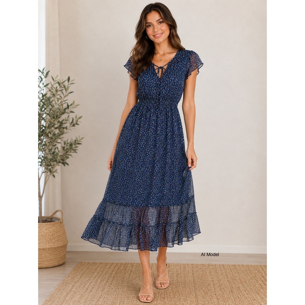 Olsenboye Y2K Blue Ditsy Floral Midi Dress Large‎ Sheer Chiffon Ruffle Fairycore